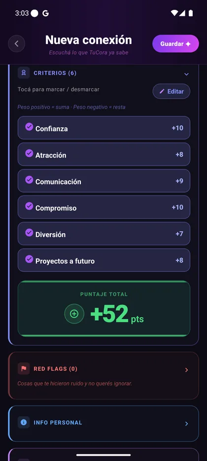 Ficha de una persona en TuCora con criterios propios ponderados, puntaje total y sección de red flags